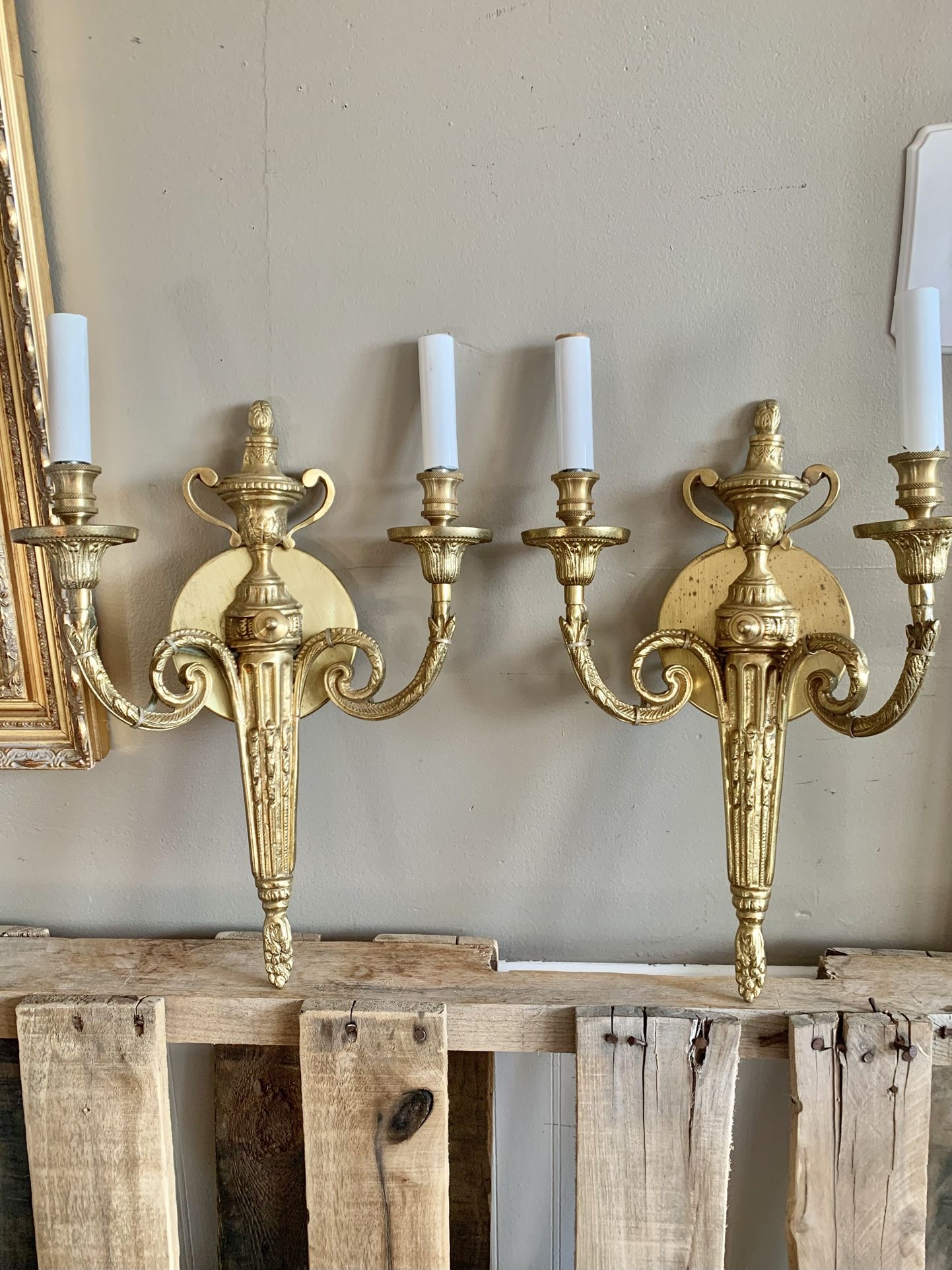 50’s French Louis XVI Gilt Brass Wall Light Electric Candle Sconces