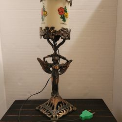 Vintage Art Deco Lamp Soft Brass Metal Angel Plastoc Floral Shade 5 Amp 120 Volt