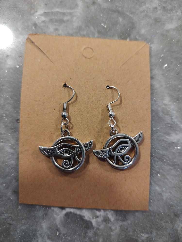 Eye of Horus Earrings-Silver-tone earrings with Eye of Horus design.