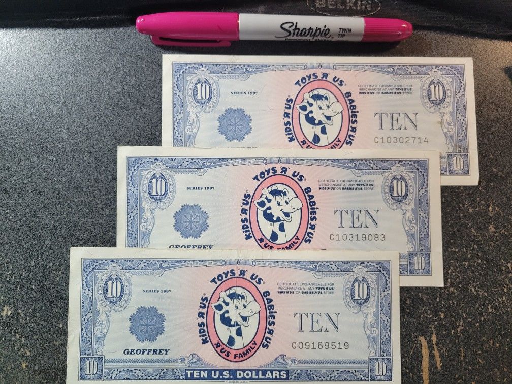 (3) $10 BILLS from 1997, Toys R Us Geoffrey Bucks