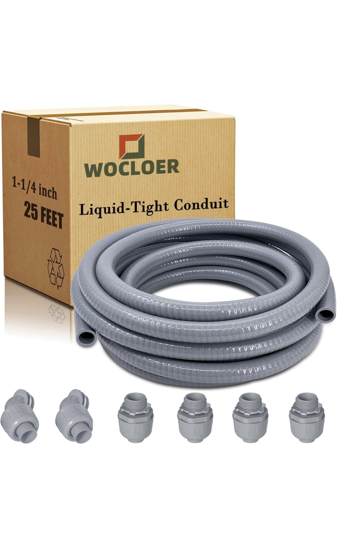 Liquid-Tight Conduit, 1-1/4 inch 25 Foot Flexible Non Metallic Electrical Conduit and Connector Kit, With 4 Straight and 2 Angle Fittings