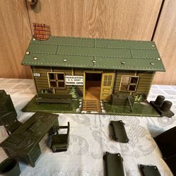Original Vintage 1950’s Louis Marx Army Training Center Headquarters.. Tin Litho -building with accessories.