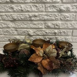 Christmas Table Centerpieces Decorations, 27.5 Inch 3 Round Candle Holder with Pine Sprigs Holly Leaves, Poinsettia Flowers for Dining Table, Mantel (