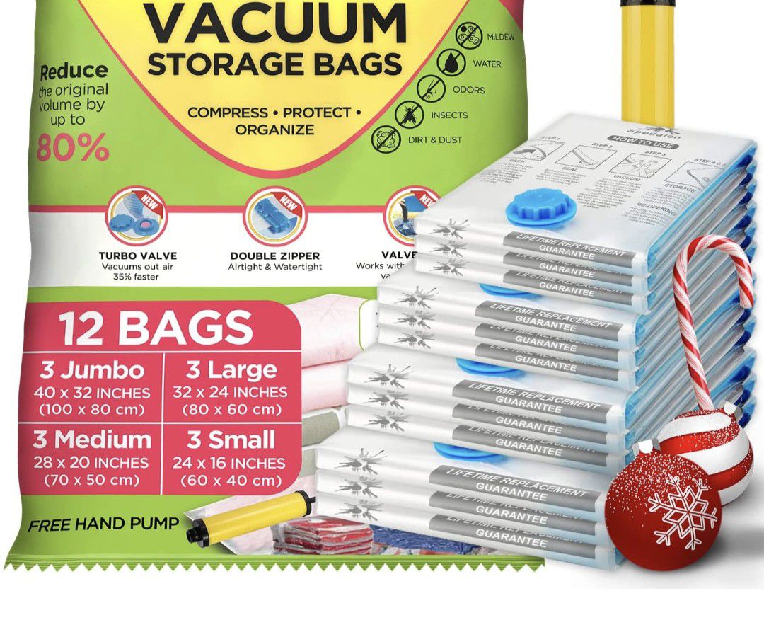 Brand New  12 Vacuum Storage Bags for Clothes - Jumbo, Large, Medium & Small - Space Saver Vacuum Bags for Comforters, Blankets, Bedding, Pillow 