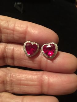 Sterling Silver Ruby Heart CZ Earrings.