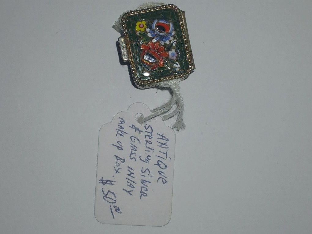 Antique Sterling Silver With Glass Inlay Makeup Box