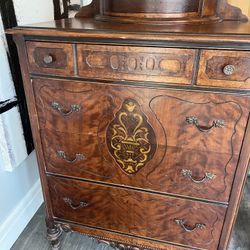 Antique Highboy Dresser Chest 5 Drawers Wood Medium Tone On Wheels