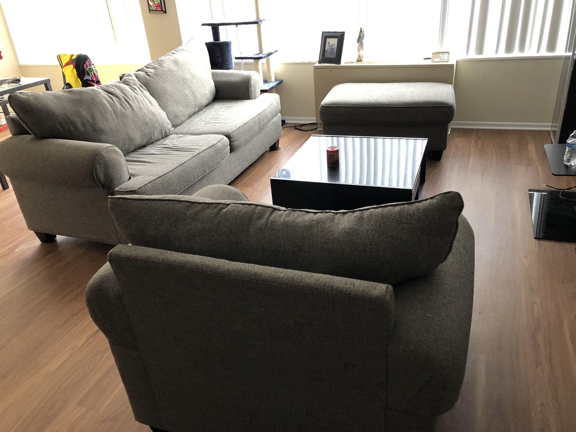 Sofa Bed, large Chair, Ottoman, Coffee table and 2cabinets.