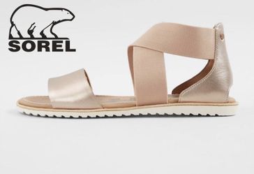 SOREL Ella Sandals Criss-Cross Ankle Strap Leather Metallic Warm Gold Sandals 8