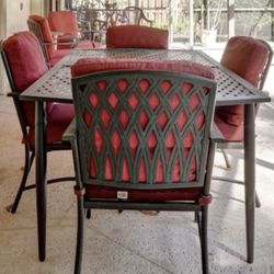 Hampton Bay Harper Creek 7-Piece Bronze Outdoor Patio Dining Set Red Cushions