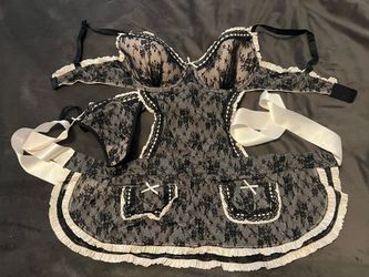 Vintage Victoria Secret 2 Piece Apron BK Lace Teddy Lingerie Set 34D Thong S/M