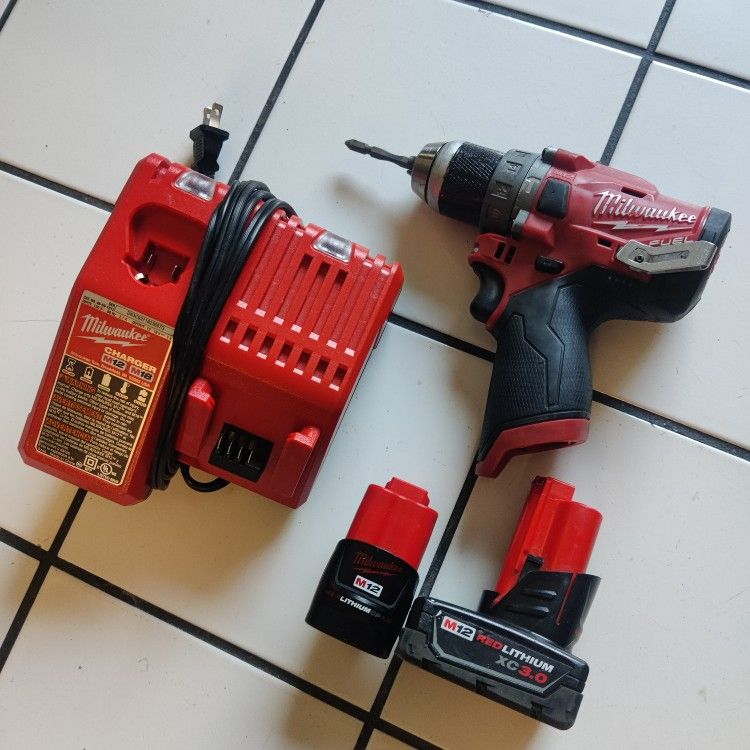 Milwaukee Fuel Brushless M12 Hammer Drill Bundle - Two XC Red Lithium Batteries, M18/M12 Charger, Bit Clip, Cordless/Electric (Works Perfectly!))