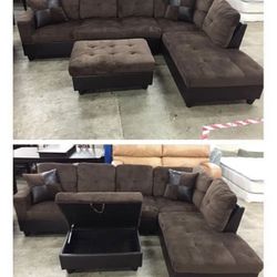 Brown Microfiber Sectional Couch And Ottoman