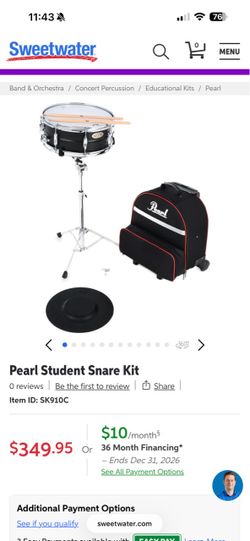 Pearl EKS1455 Snare Drum Complete Student Kit w/ Rolling Case, Stand & Accessories