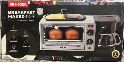 AR+COOK BREAKFAST MAKER 3-in-1 GRIDDLE | TOASTER | COFFEE MAKER Temperature control 500 ML coffee maker Oven-top griddle with glass lid Timer bell & i