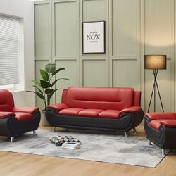 Leather Red/Black Sofa & Loveseat 