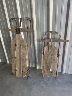 Pair of Vintage Wooden Snow Sleds – 48" & 38" – Rustic Christmas Decor