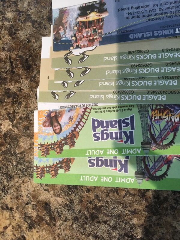 Kings island (anyday)tickets. Parking pass. 40 beagles bucks for Sale