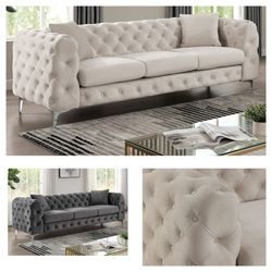 MODERN GLAM CHESTERFIELD STYLE BEIGE OR GRAY VELVET LIKE SOFA COUCH - SILLON