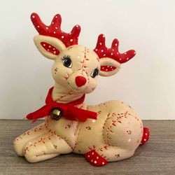 Vintage Kimple SOFTEE DEER FIGURE 7.5" Lying Down Ceramic Hand Painted Tan & Red