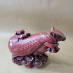 Chinese Wood Feng Shui Zodiac Coin Wealth Rat Mouse Statue Figurine