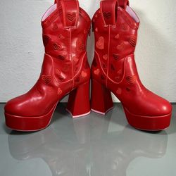 Sugar Thrillz Red Heart Platform Cowboy Boots