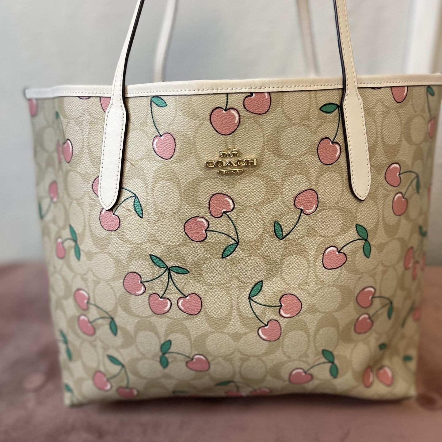 Coach City Tote In Signature Canvas With Heart Cherry Print for 