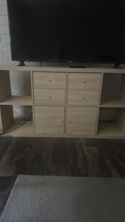 Light Wood TV Stand with Drawers and Shelves