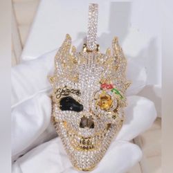 🔥5A Cz Diamond 💎 Skeleton Skull 🔥Hip Hop 💎Pendant Silver Plated Fully Iced Bling 🔥
