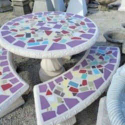 Concrete Mosaic Picnic Table with 3 Benches/ Outdoor Patio Furniture