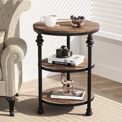 23.6”H ,Round End Table with Storage Shelves, 3-Tier Round Farmhouse Side Table w/Mental Support Legs, ,Rustic Brown