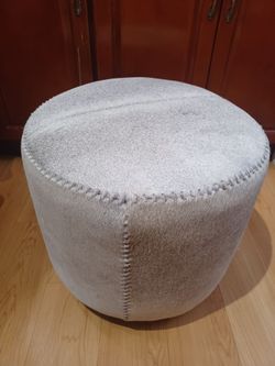 SMOKY GRAY CALFSKIN POUF OTTOMAN WITH WOODEN LEGS