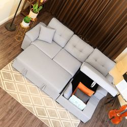 97" x 59" 3-Seats Sleeper Sectional Sofa Bed W/ Chaise Storage, Pull Out Sleeper