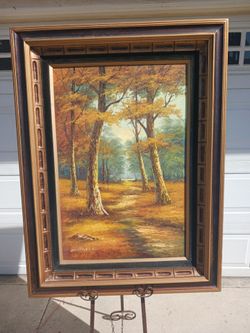 Large vintage framed vertical fall forest oil on canvas landscape painting signed Cantrell