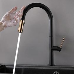 Touch Pull Down Sprayer Kitchen Faucet with Double Function in Black & Rose Gold
