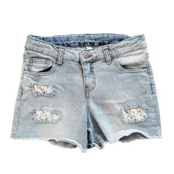 Cat Jack Girls XL Distressed Denim Jean Shorts Frayed Hem Light Wash Lace Eyelet