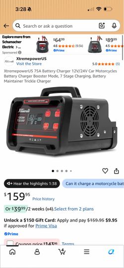 XtremepowerUS 75A Battery Charger 12V/24V Car Motorcycles Battery Charger Booster Mode, 7 Stage Charging, Battery Maintainer Trickle Charger 21# $50