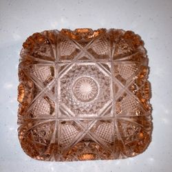 Peach Cut Glass Square Dish For Candies, Nuts, Jewelry 