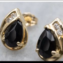 Vintage 10k Gold Diamond And Black Onyx Earrings And Ring Set