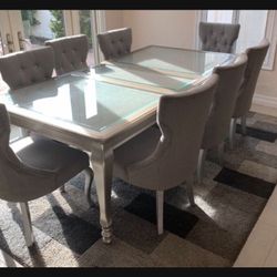 Rectangular Extension Silver Metallic Dining Table And Upholstered Chairs Set ☄️ Chic Dining Room Set 💥 Brand New 🤌 $39 Down Payment 💯