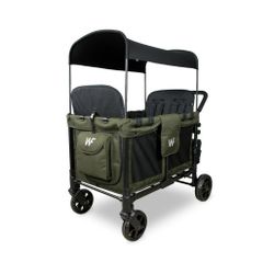 WONDERFOLD W4 4 Seater Multi-Function Quad Stroller Wagon with Removable Raised Seats & Slidable Canopy (Olive Green)

