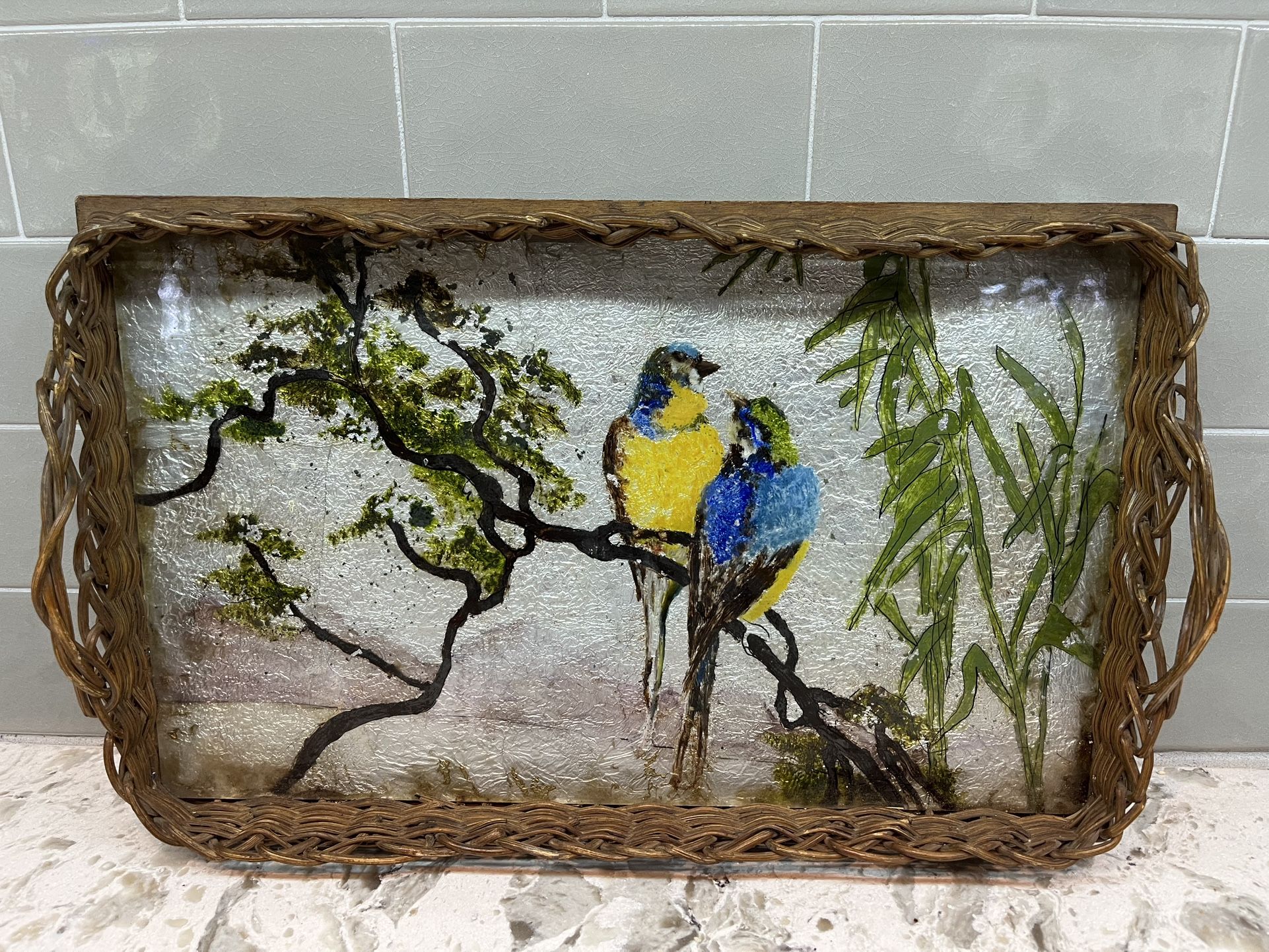 Antique Wicker And Bird Art Tray