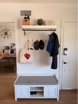 White Entryway Storage Bench + Wall Coat Rack / Hall Tree Set — $110 OBO