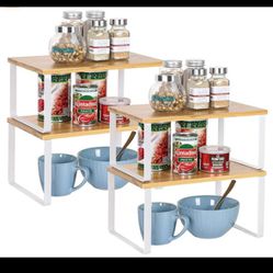 Set of 4 Bamboo Kitchen Cabinet and Counter Shelf Organizer, Stackable & Expandable