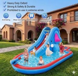 Inflatable Pool Water Slides, Kids Outdoor Inflatable Bouncers House w/Long Slide, Climbing Wall & Large Splash Pool, Water Cannons & Hose, Elephant T