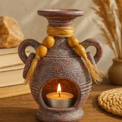 Vintage 1980s Rustic Clay Amphora Tealight Incense Dried Flower Holder, 3x6.5”