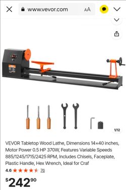 VEVOR Tabletop Wood Lathe, Dimensions 14x40 inches, Motor Power 0.5 HP 370W, Features Variable Speeds 885/1245/1715/2425 RPM, Includes Chisels, Facepl
