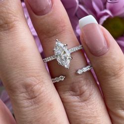 Sterling Silver 925 Engagement Ring Set With 1.5CT Marquise CZ Diamond And Open Band