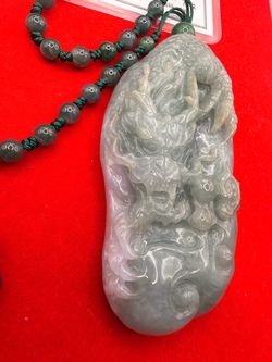 Jade Dragon 70.66 grams double sided Carved Pendant Necklace