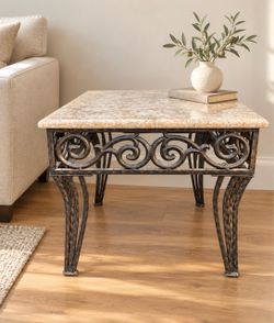 ✨ Tuscan Style Accent Table | Marble-Look Top & Metal Scrollwork
